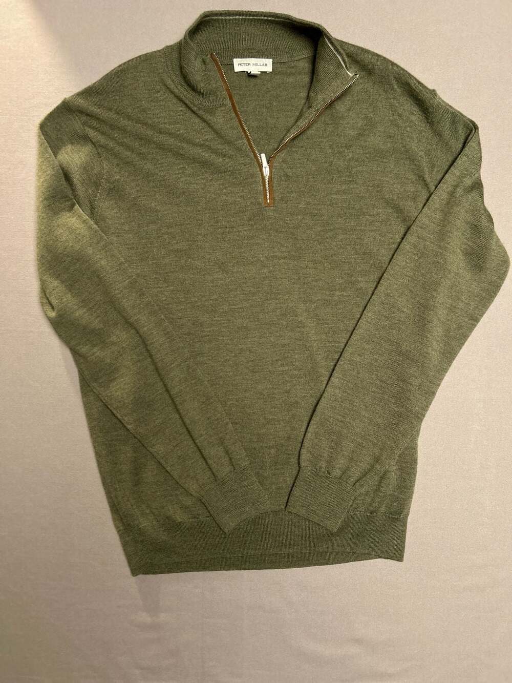 Peter Millar Olive Green Merino Wool Quarter Zip Sweater Size L 75% Wool